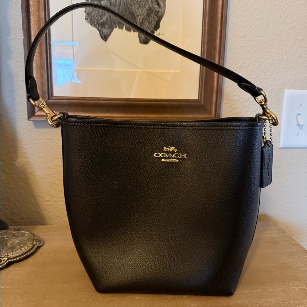Coach Black Leather Shoulder Bag with Gold Accents